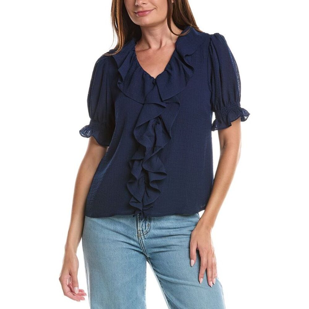 Cece Womens  Ruffle Bubble Crepe Top, Navy